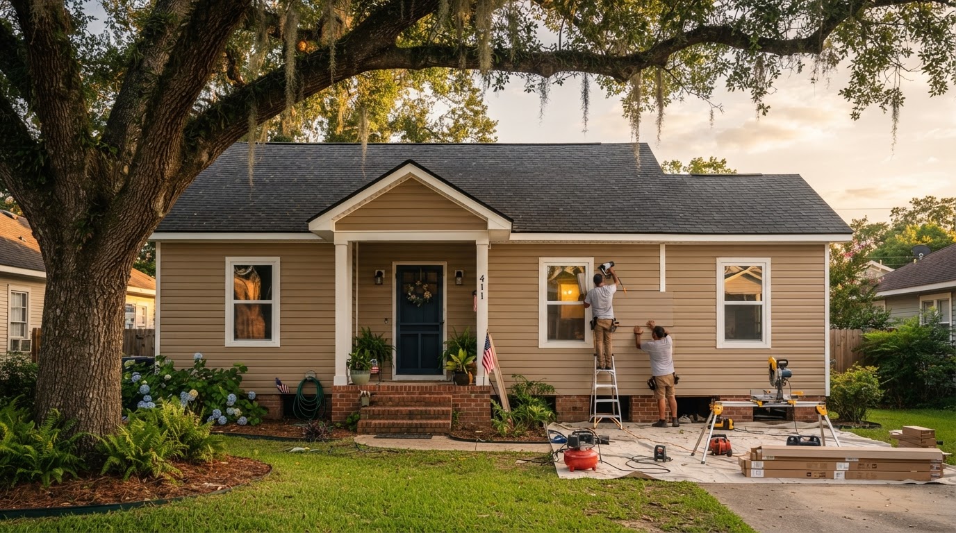 Single-story Louisiana home with warm tan vinyl lap siding, white corner boards and window trim, a small covered entry and a large shade tree in the yard