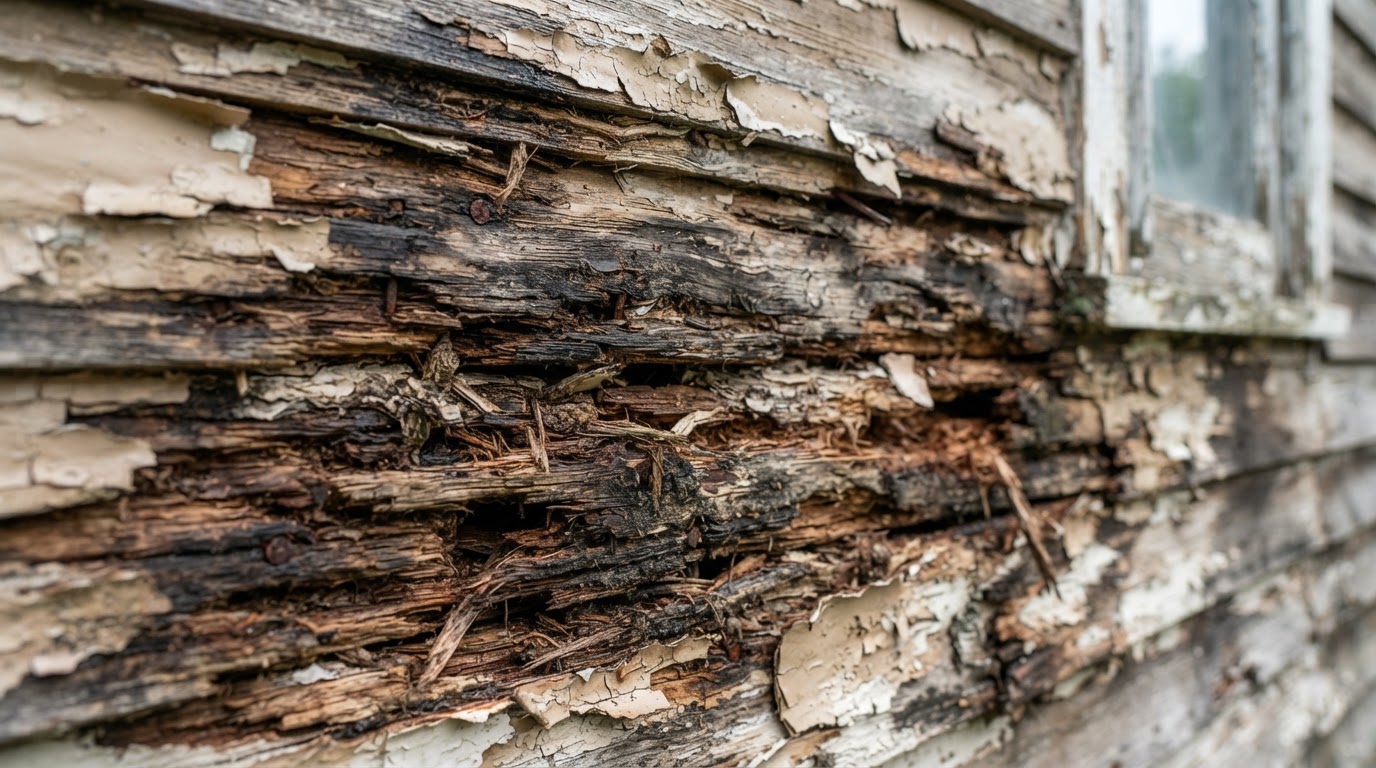 Close-up of deteriorated rotten wood siding on a residential exterior wall, soft crumbling decayed boards, peeling paint, swollen discolored wood