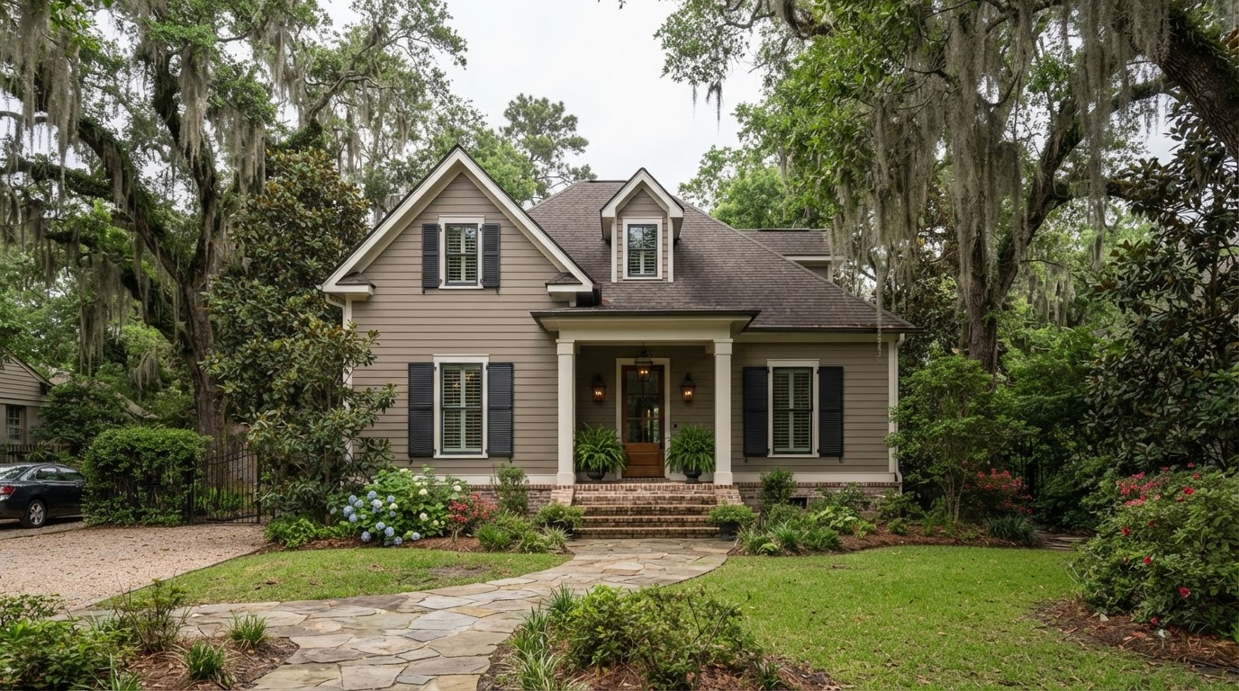 Traditional Southern Louisiana home with fiber cement lap siding in warm taupe, dark shutters and a gabled roof under mature trees