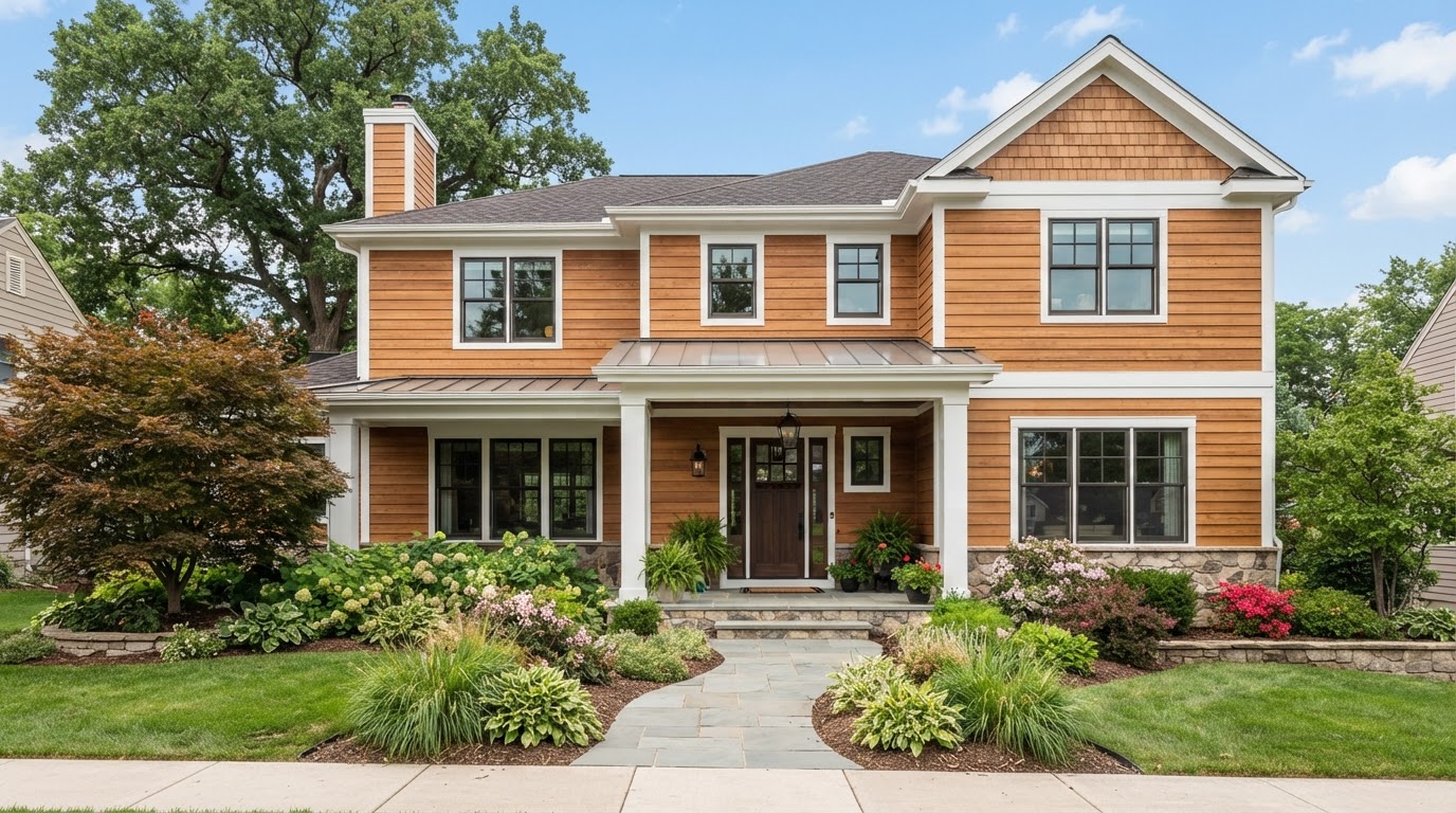 Residential home with fiber cement siding in a warm cedar-tone wood-grain finish with horizontal lap courses and white trim