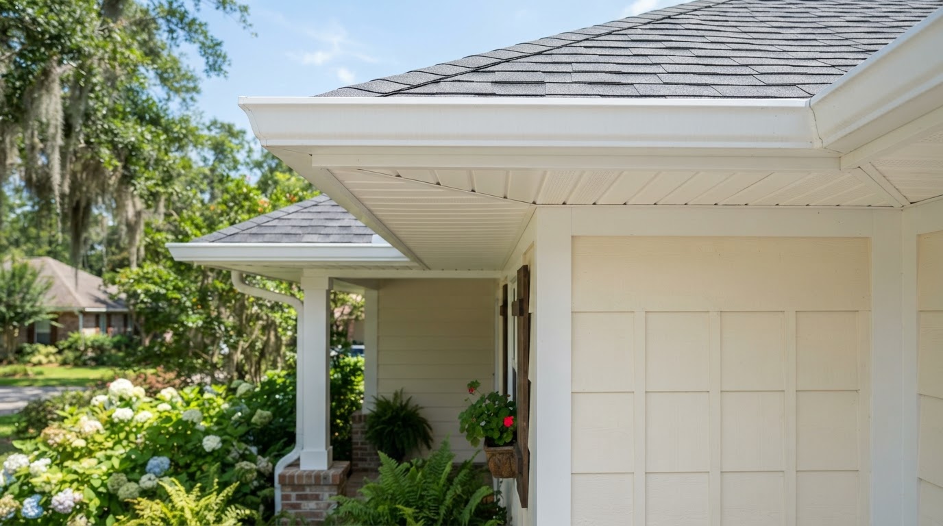 Clean residential soffit beneath roof eaves, white soffit panels creating a finished transition between the roof edge and exterior wall