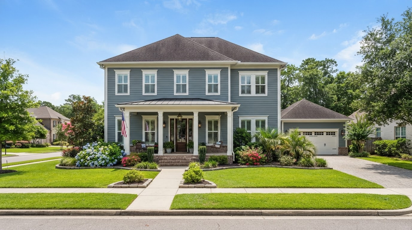 Suburban Southeast Louisiana home with fiber cement lap siding in a gray-blue tone with neat exterior trim around windows