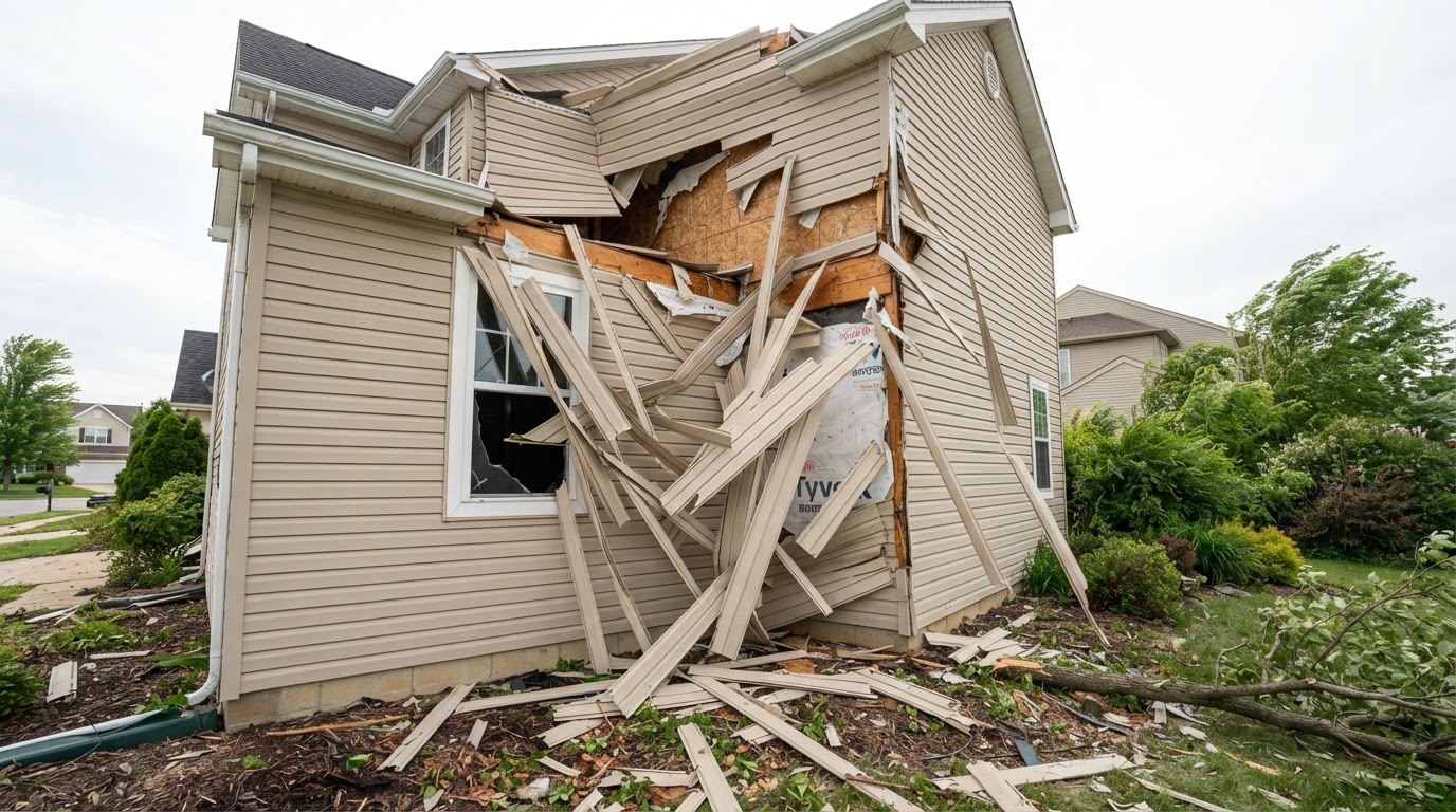 Storm-damaged residential siding with loose and displaced vinyl panels hanging off an exterior wall, cracked wind-damaged cladding