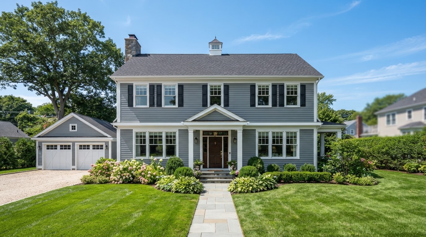 Traditional residential home with horizontal lap siding in a cool gray tone, clean overlapping courses, white window surrounds and corner boards