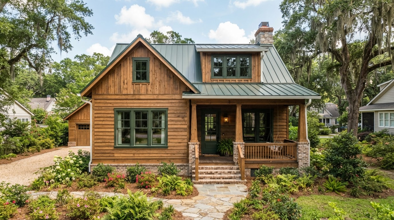 Craftsman-style Louisiana cottage with warm cedar-tone engineered wood siding, board and batten vertical accents, dark green window trim and a metal roof