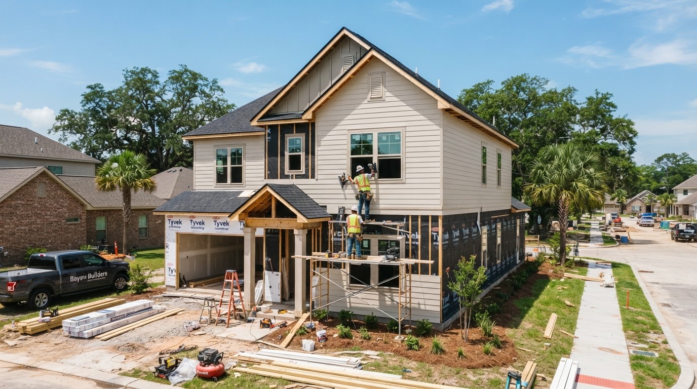 Newly constructed residential home with fresh horizontal lap siding installation underway, clean exterior walls