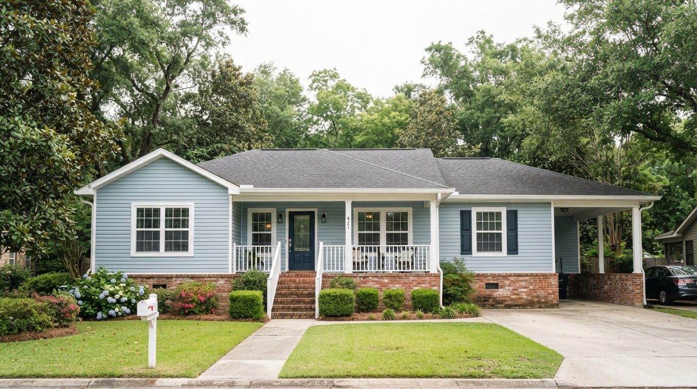 Single-story Louisiana ranch home with light blue vinyl lap siding, white corner trim, brick skirt foundation and mature trees in the background