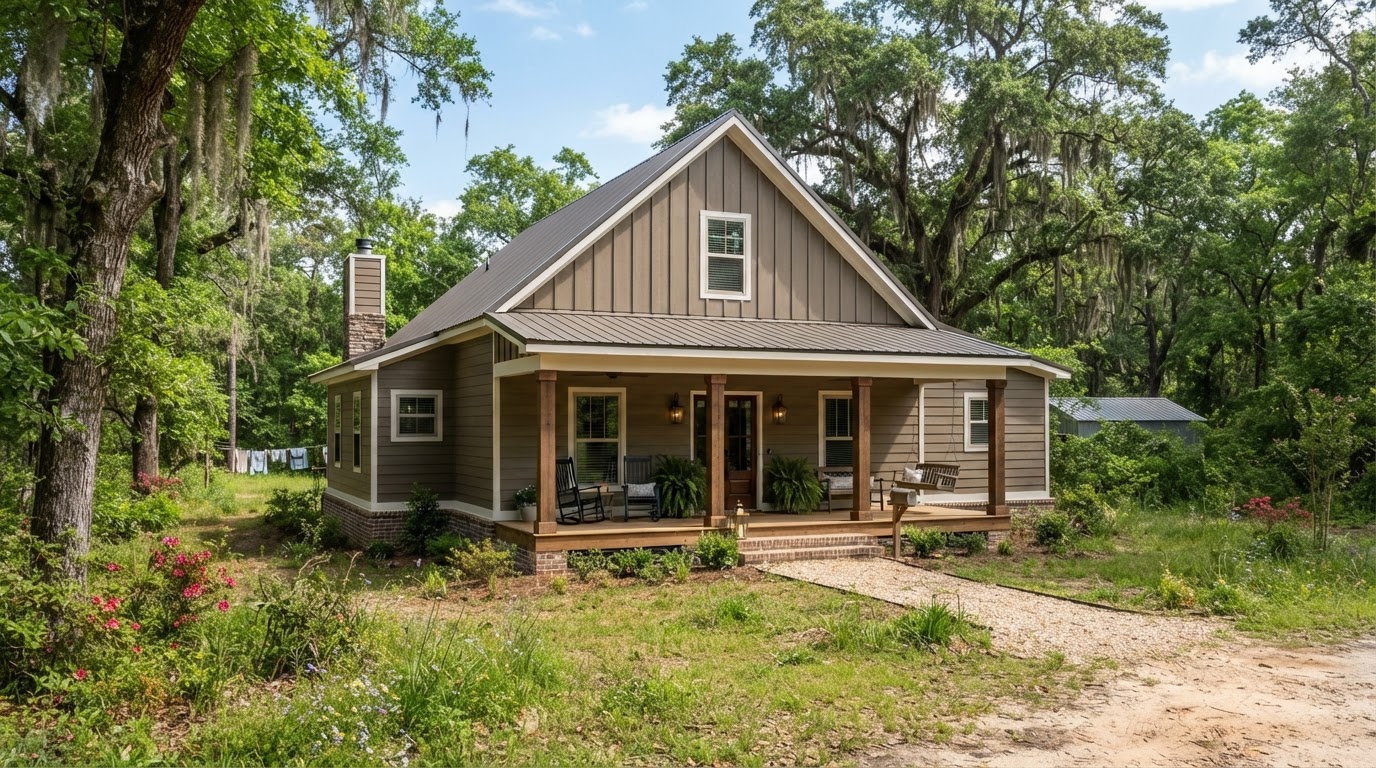 Rural Louisiana country home with muted brown wood-grain engineered wood siding, board and batten vertical accents, simple gable roof and a covered front porch