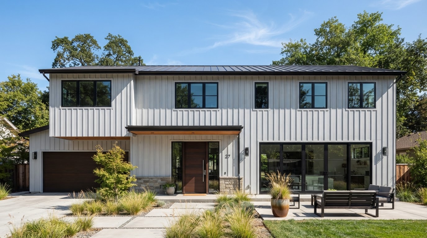 Modern residential home exterior with clean vertical siding in a light gray finish, strong vertical lines, black window frames