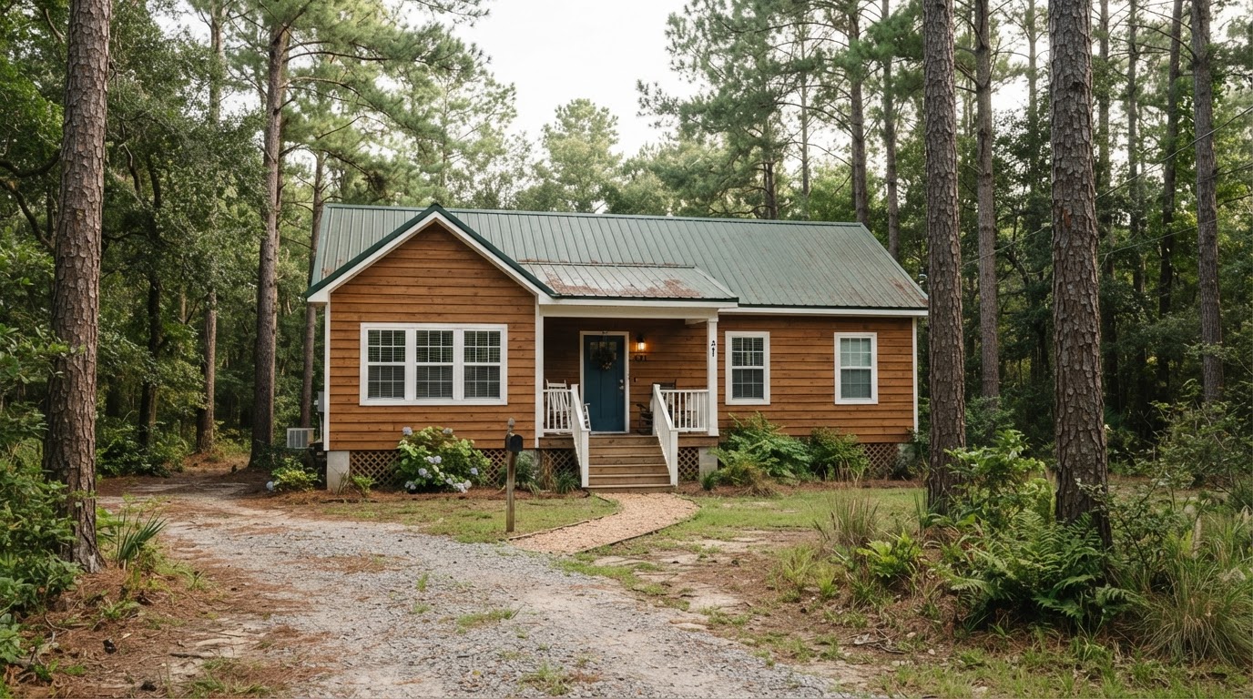 Modest rural Louisiana house with engineered wood siding in a cedar-grain finish, lap profile, white corner trim and a metal roof surrounded by pine trees