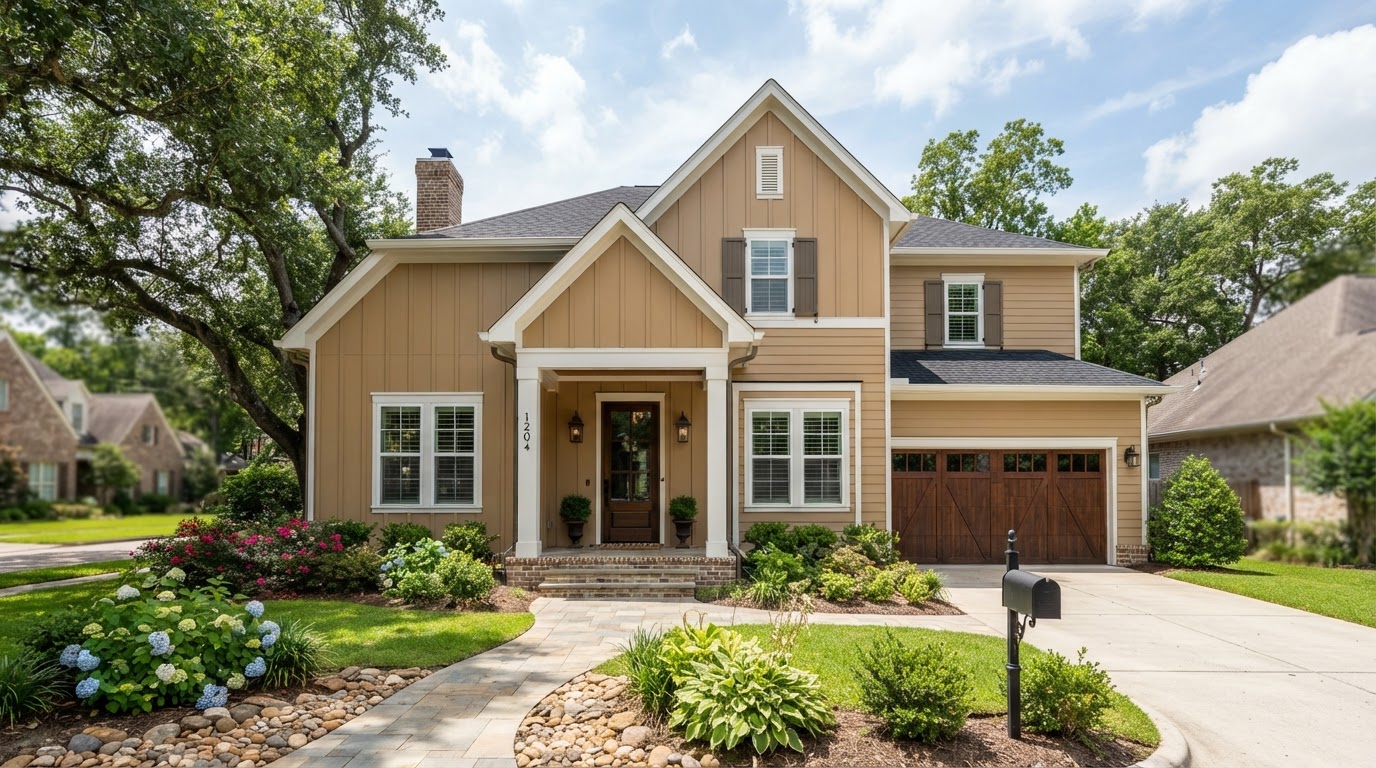 Suburban Louisiana home with warm tan fiber cement lap siding, contrasting board and batten on the front elevation, white exterior trim around windows and a covered entry