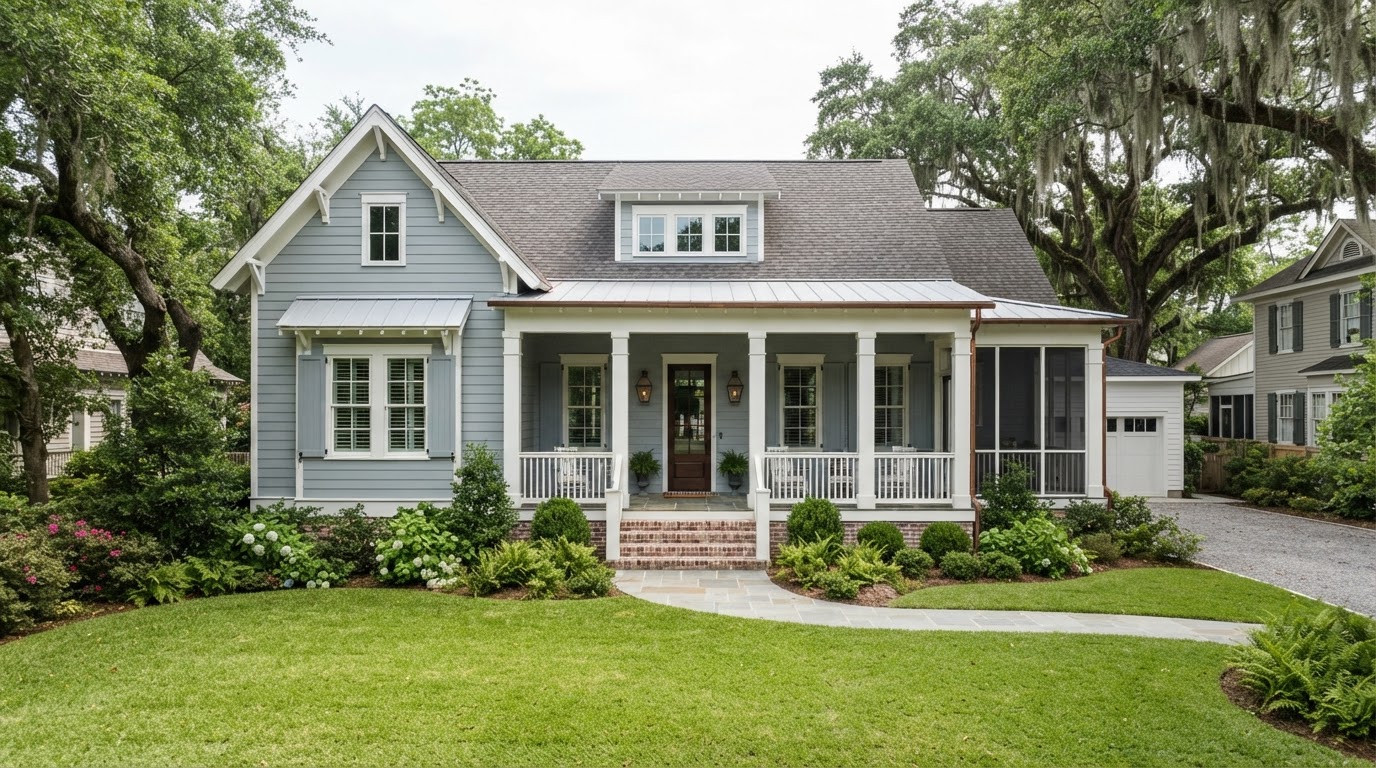 Traditional Louisiana home with fiber cement lap siding in soft gray-blue, white corner boards and window trim, a gabled roof and a front entry porch