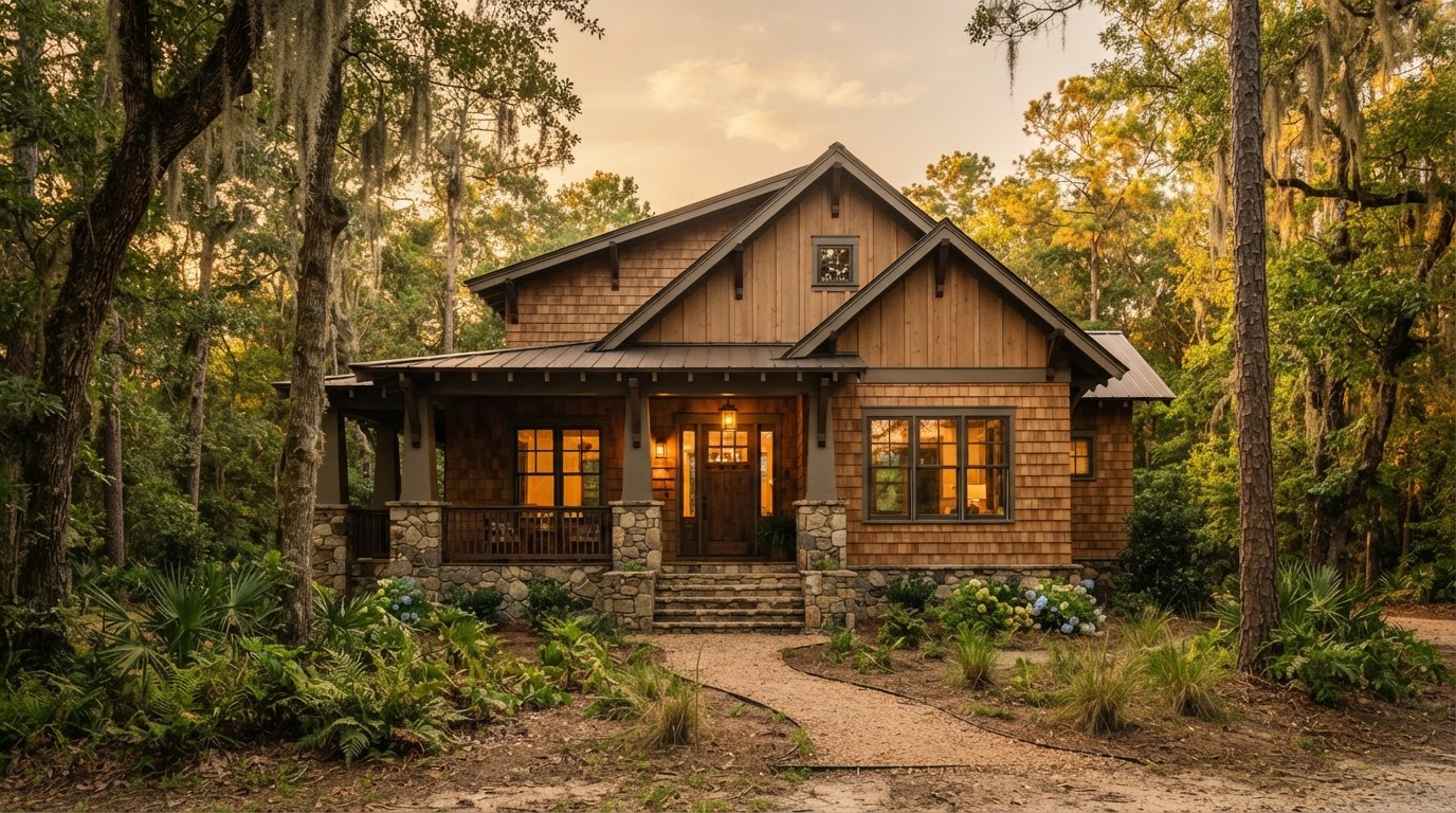 Craftsman-style home in a wooded rural Louisiana setting with natural wood siding and board and batten vertical accents on the gable, deep roof overhangs and a stone foundation