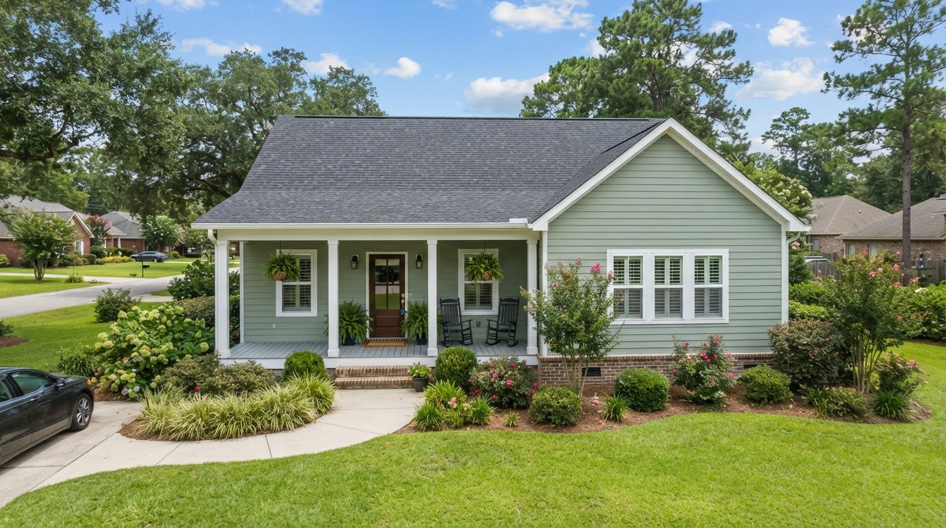 Suburban Louisiana ranch home with clean horizontal vinyl lap siding in soft sage green, white window trim and a covered front porch