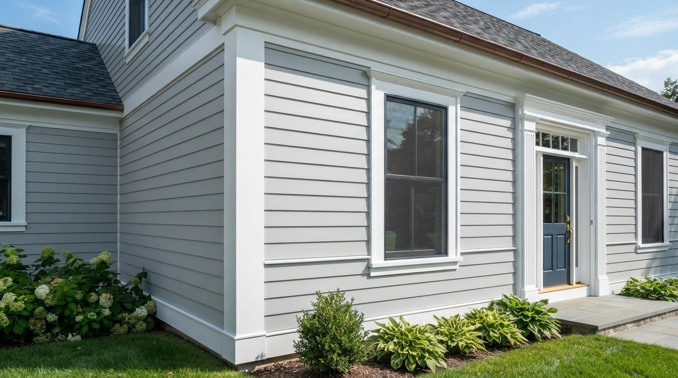Clean exterior trim around windows, doors and corners of a sided home, white corner boards and window surrounds creating finished transitions with horizontal lap siding