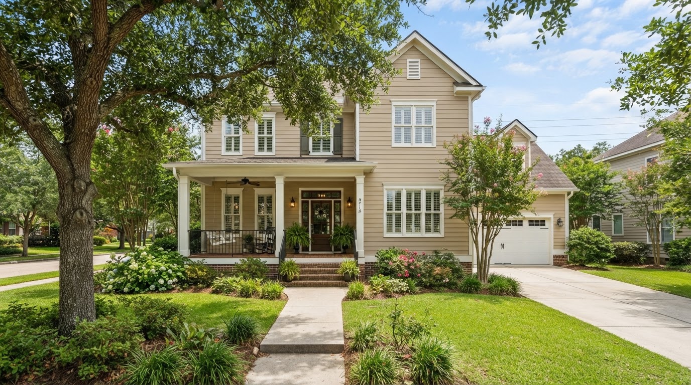 Suburban Louisiana home with clean horizontal vinyl lap siding in warm beige, white window trim and a covered front porch under mature trees