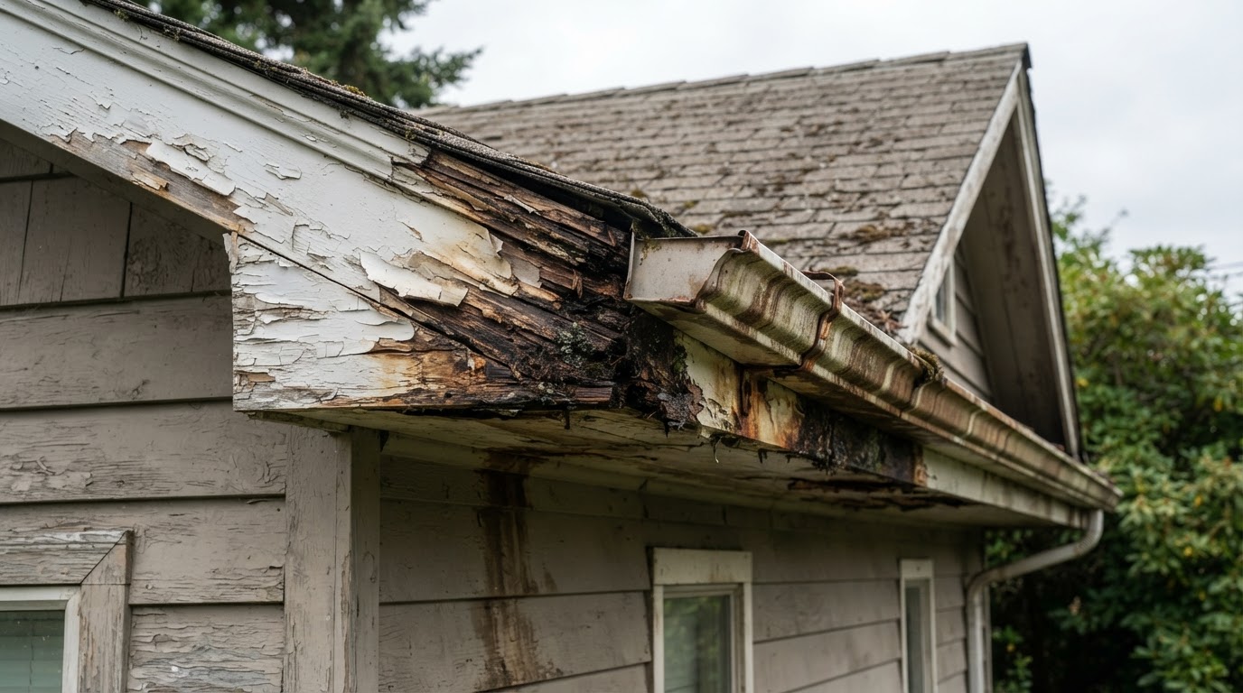 Damaged deteriorated residential fascia board along a roof edge, peeling paint and water-stained rotting wood sections near the gutter line