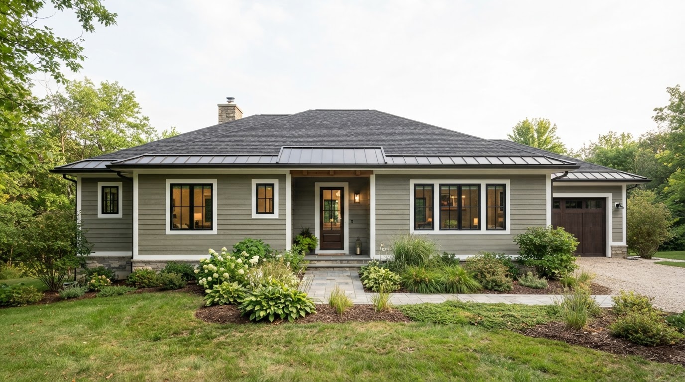Residential home with engineered wood siding in a sage gray-green wood-grain texture and long horizontal lap boards with white trim