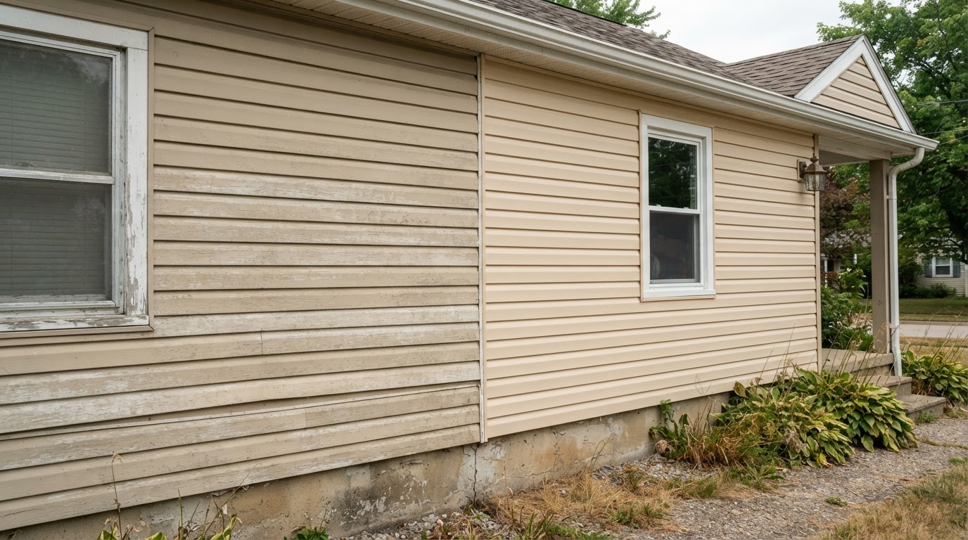 Residential exterior wall where a section of replacement siding meets older weathered siding, visible color and sheen difference with a transition line down the wall