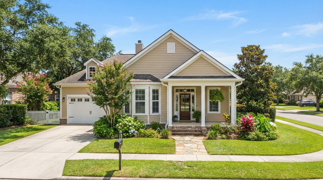 Residential home exterior in Southeast Louisiana with clean vinyl siding in a warm beige tone and neat white trim around windows