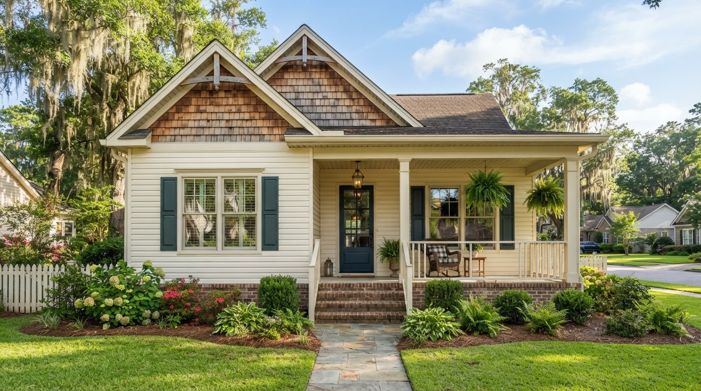 Charming Louisiana residential home with vinyl siding in a cream color and shake shingle accents on the gable