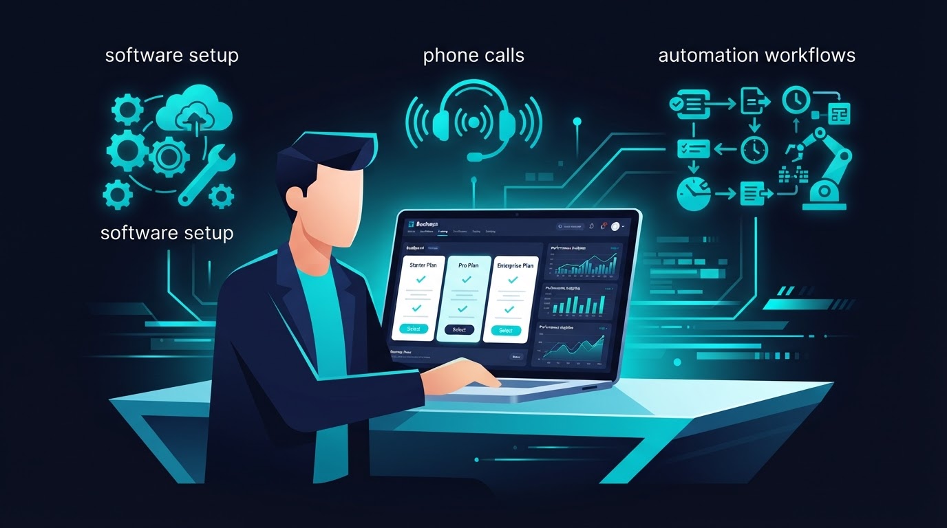 Business owner reviewing software pricing and configuration analytics