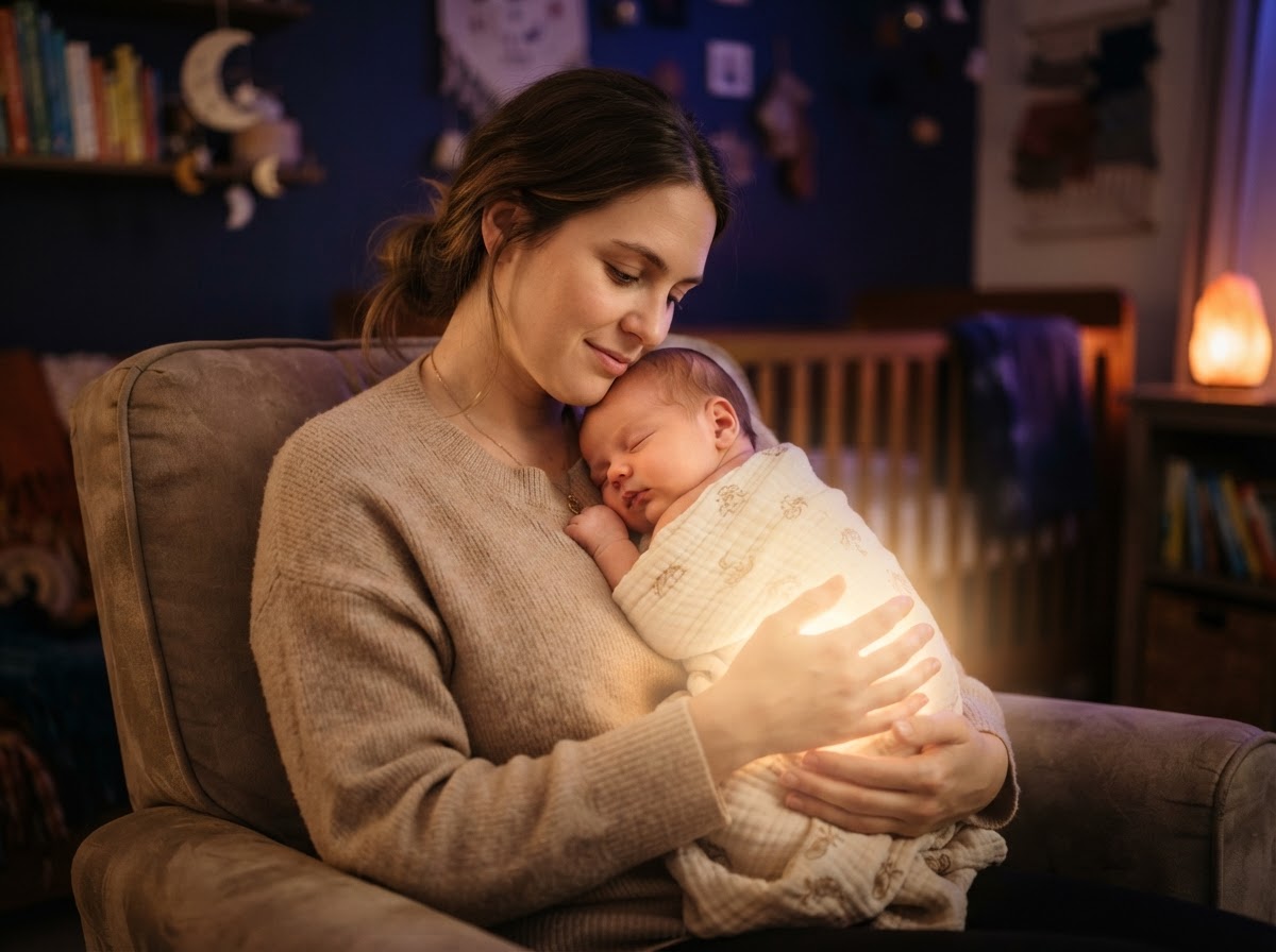 Mother holding baby in peaceful ambient light
