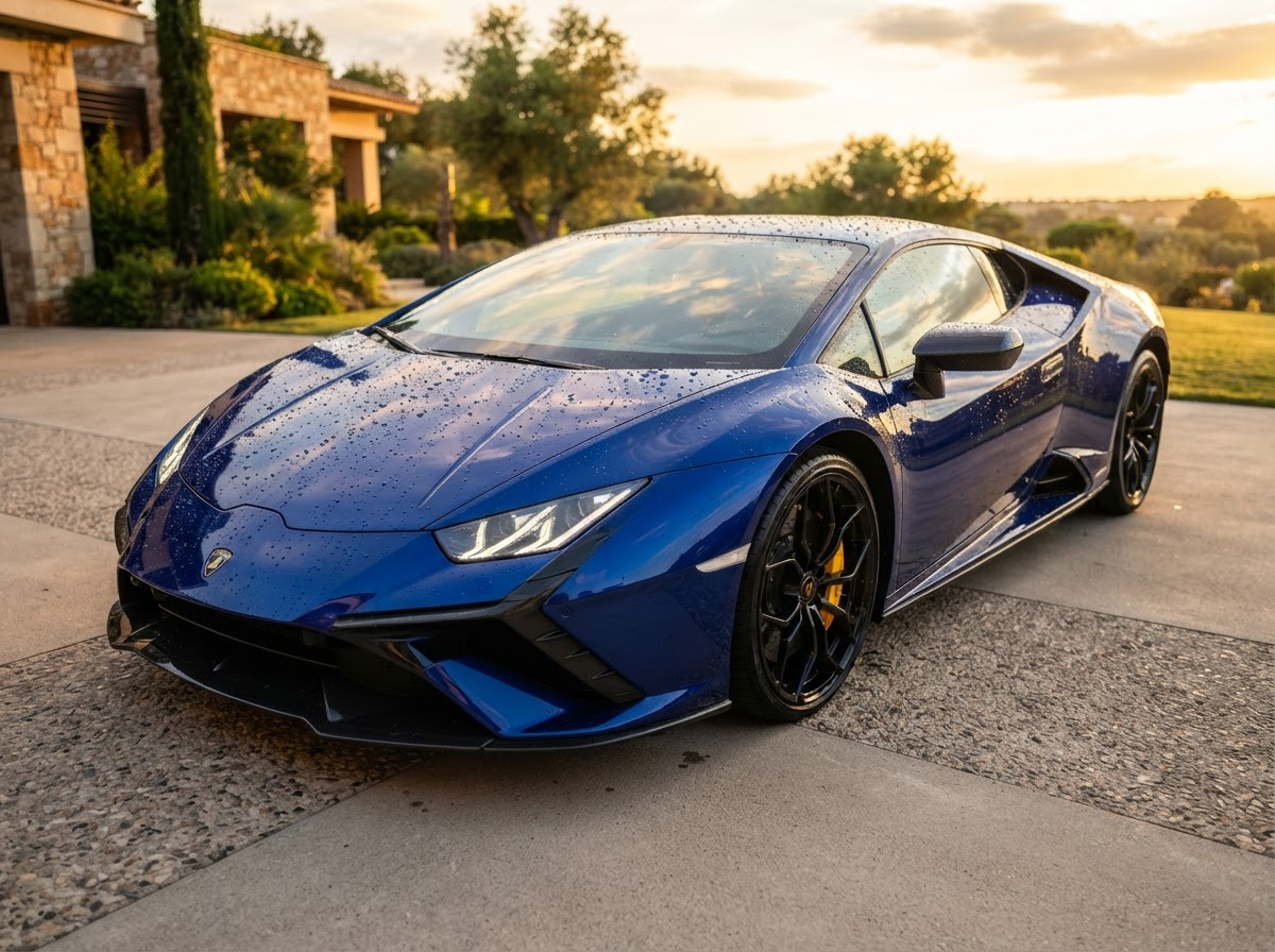 Freshly ceramic-coated Lamborghini with mirror-finish paint and water beading