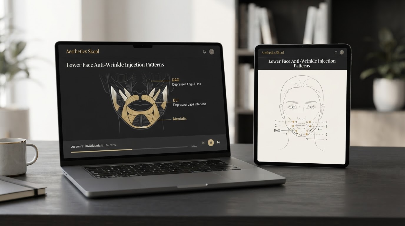 Lower Face Anti-Wrinkle Injection Patterns course overview showing lower-face injection patterns, DAO, DLI and mentalis anatomy diagrams on a laptop and tablet