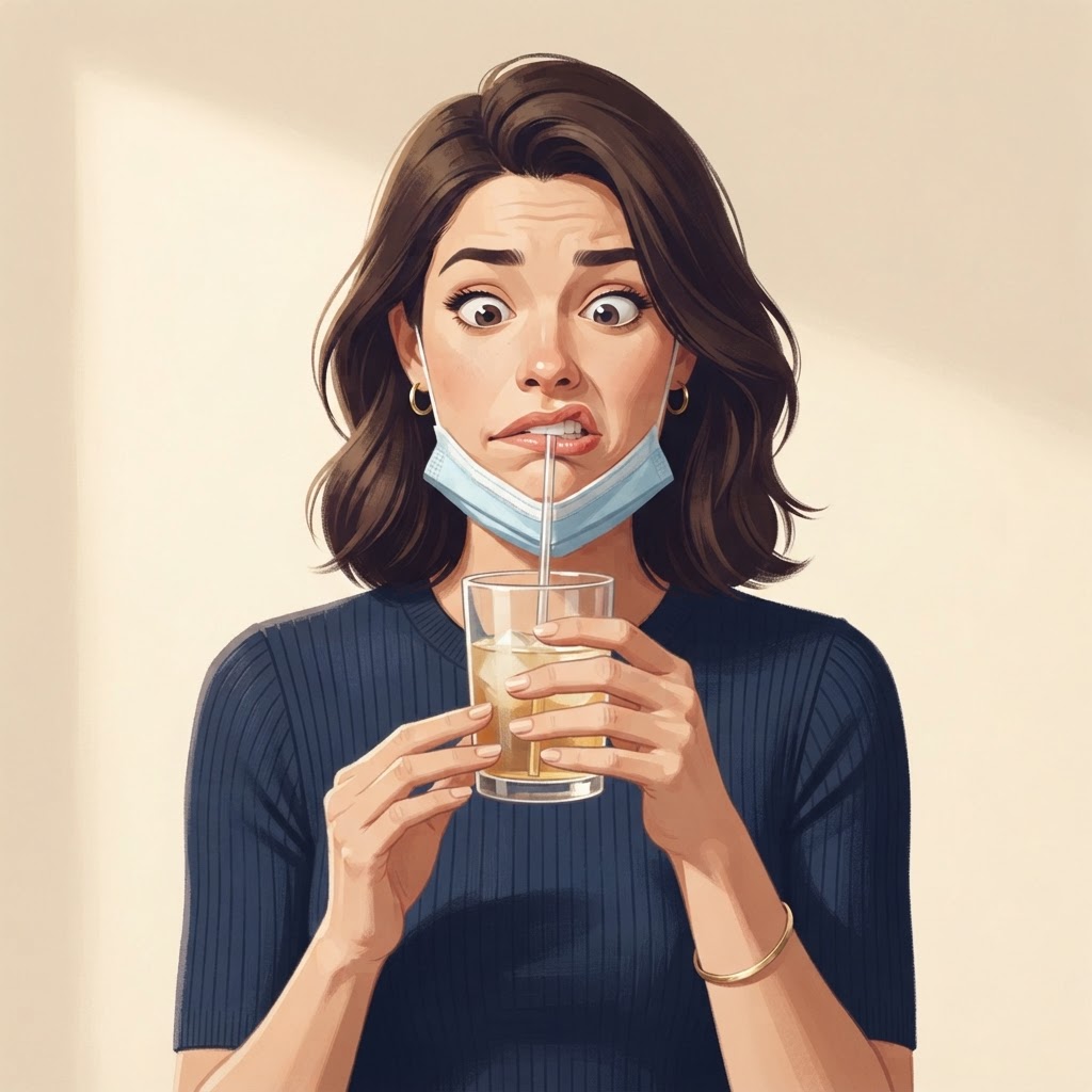 An anonymous practitioner with stiff, awkward lower-face movement struggling to drink through a straw
