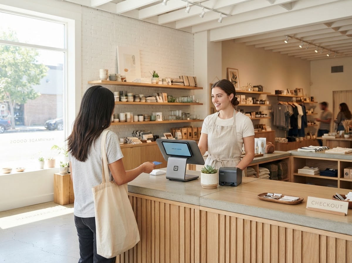 Modern specialty retail storefront interior with a payment terminal at the counter