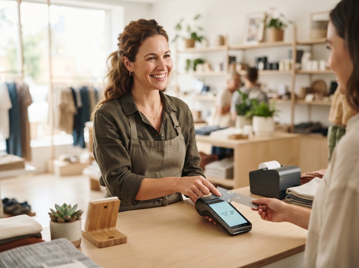 A friendly retail shop owner using a modern card terminal at a clean bright checkout counter