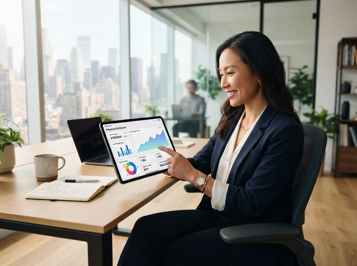 A business owner reviewing funds on a tablet dashboard