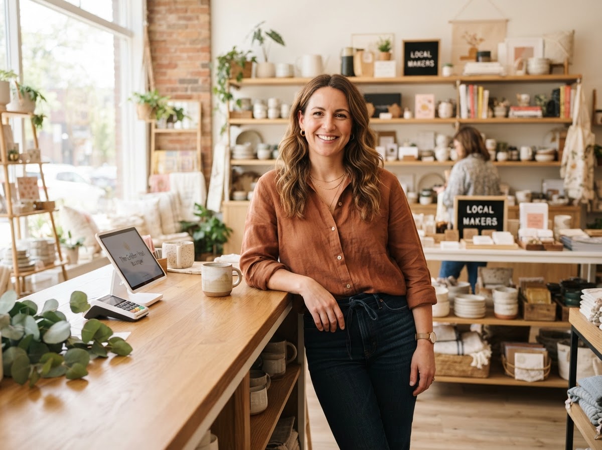 A relaxed shop owner at their store counter
