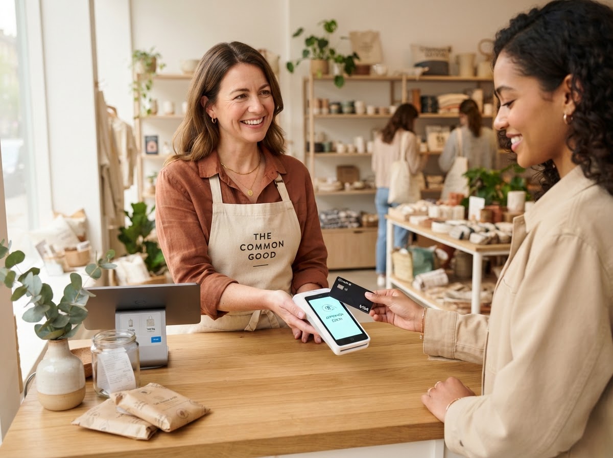 A friendly store merchant presenting a modern handheld card terminal at checkout as customer pays