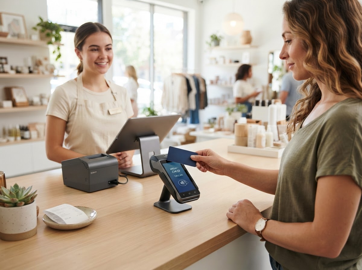 Customer tapping a debit card on a cashless ATM terminal at a retail counter