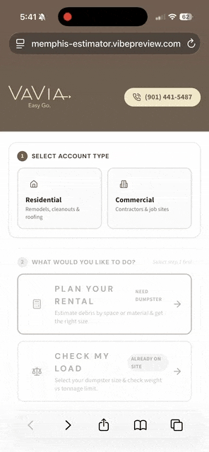 Dumpster Rental Cost Calculator animated mobile app demo showing interactive account and debris planning tools
