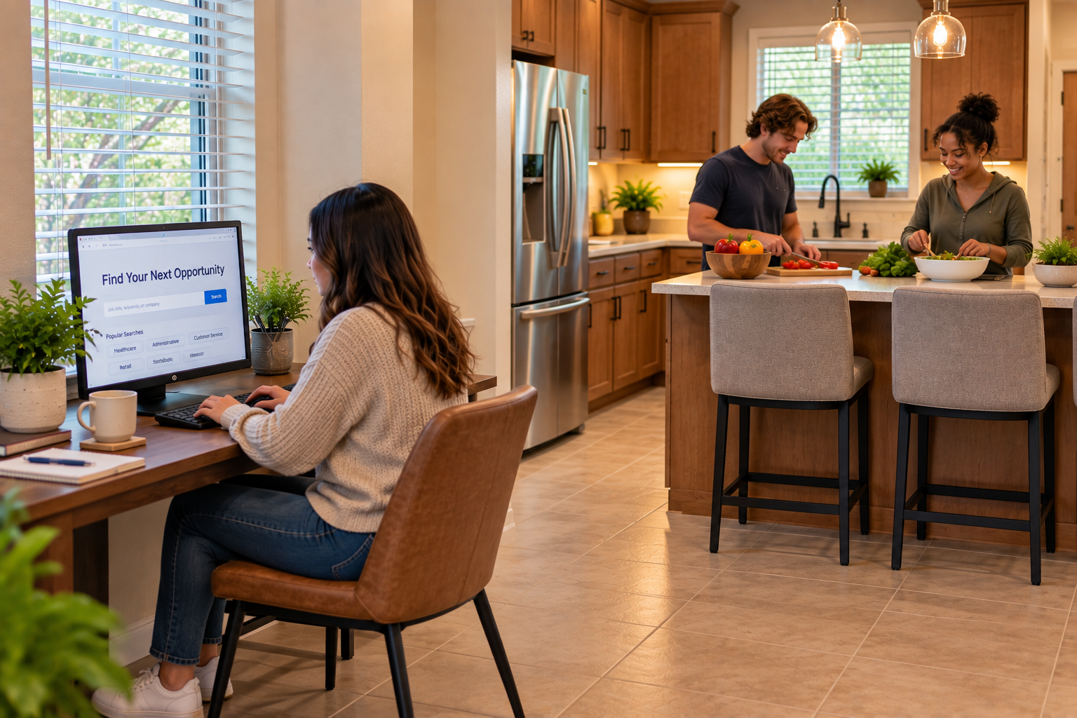 Serenity Circle residents in community kitchen and study area