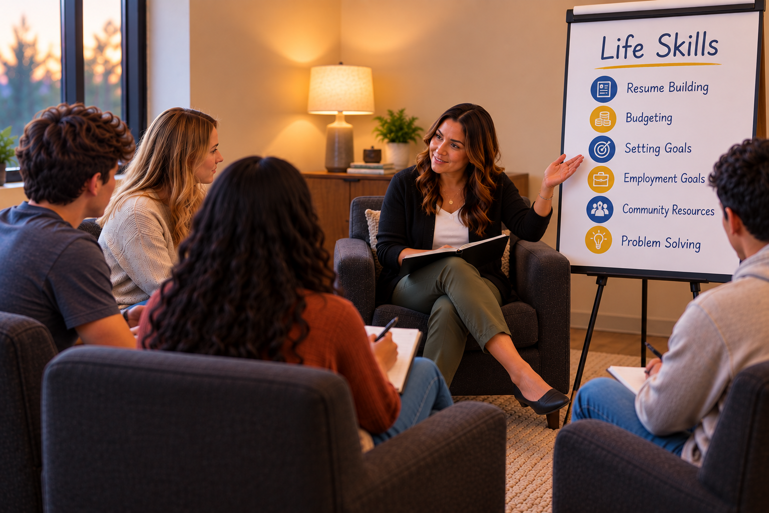 Life skills group session supporting cocaine and stimulant addiction recovery