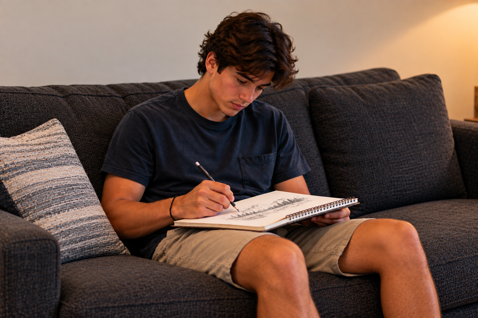 Serenity Circle resident sketching and engaging in therapeutic art on couch