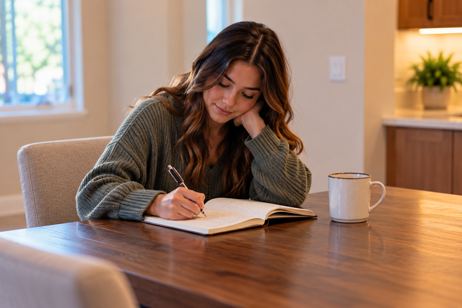 Serenity Circle resident journaling and reflecting at dining table