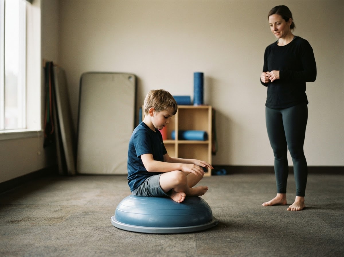 One instructor observing attentively nearby as one young boy balances on a bosu ball in a small private gymnastics studio during a one-on-one session