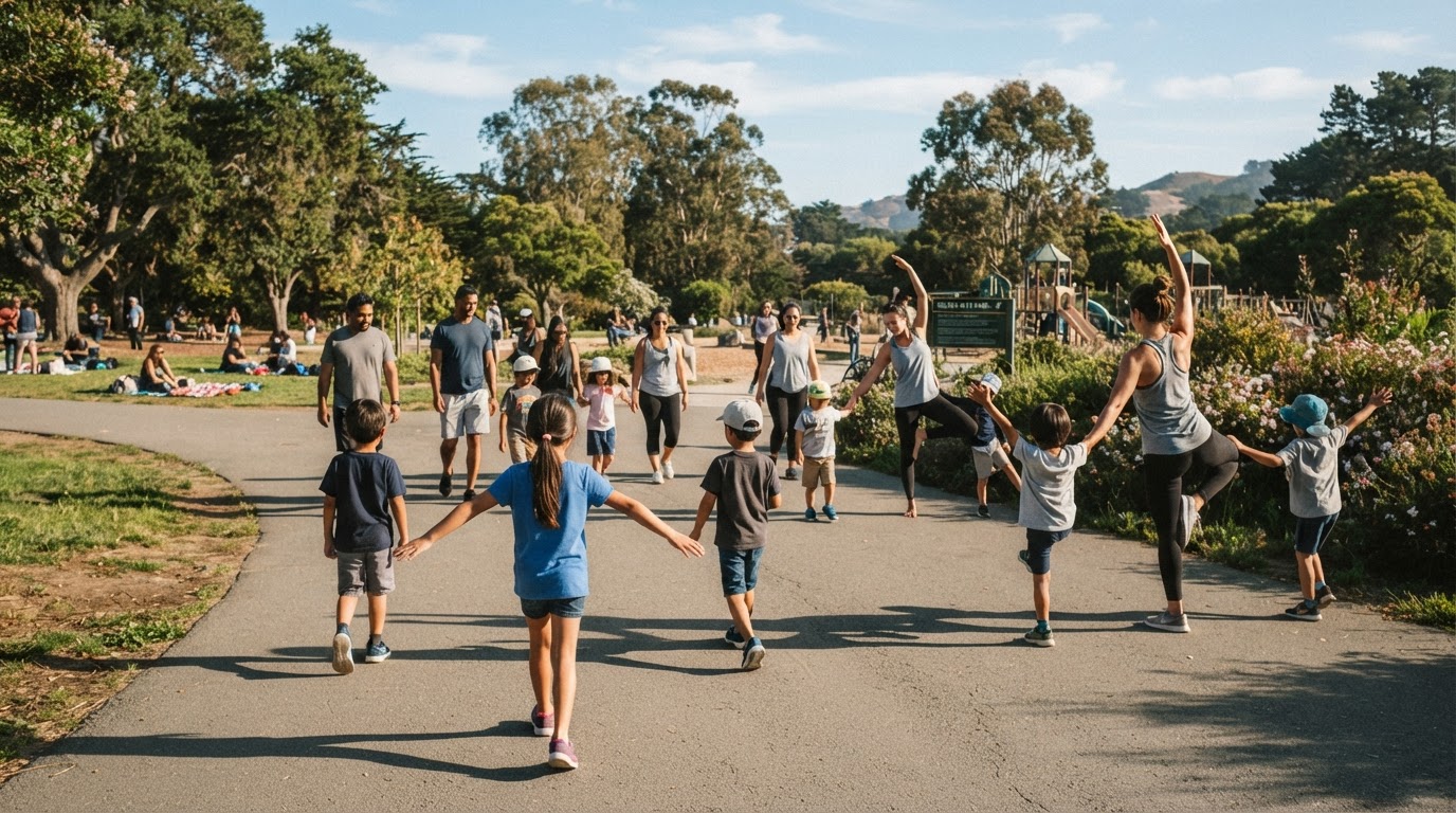 Kids and adults of varying ages moving together in a public park during a community session