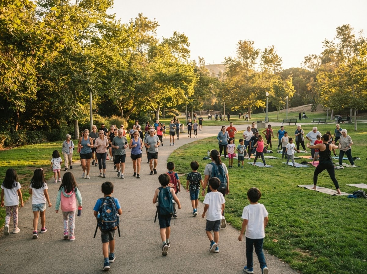 Kids and adults of varying ages moving and walking together outdoors in a public park