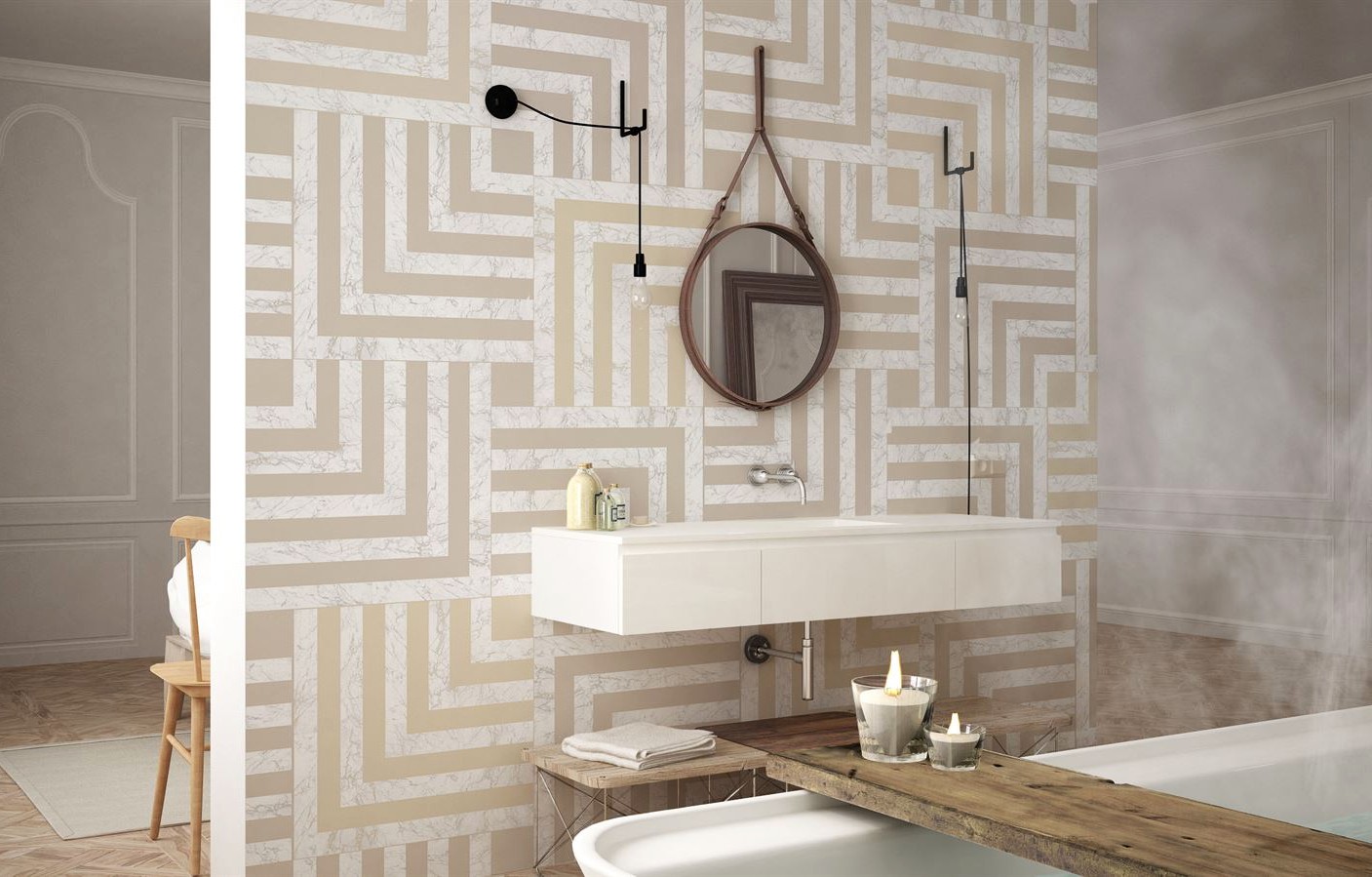 Geometric marble wallcovering pattern in a luxury bathroom interior with round mirror