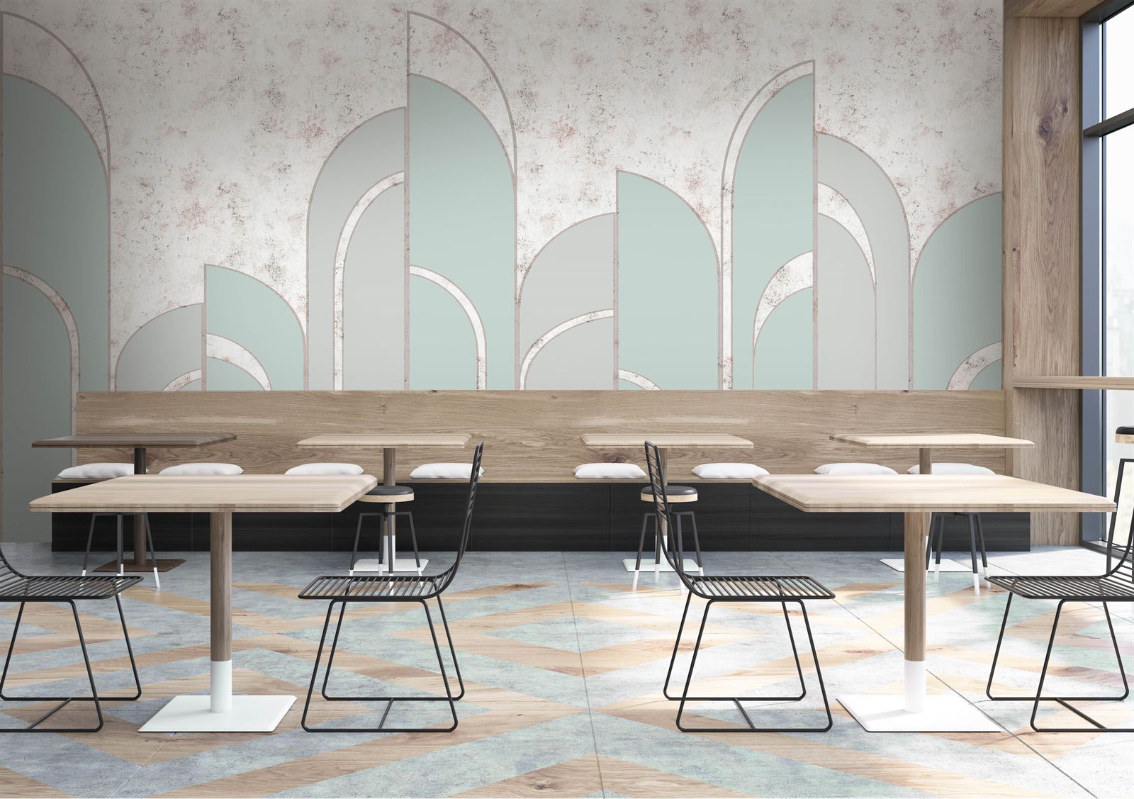 Art Deco inspired arched wall mural in mint and rose gold patina in a modern dining space