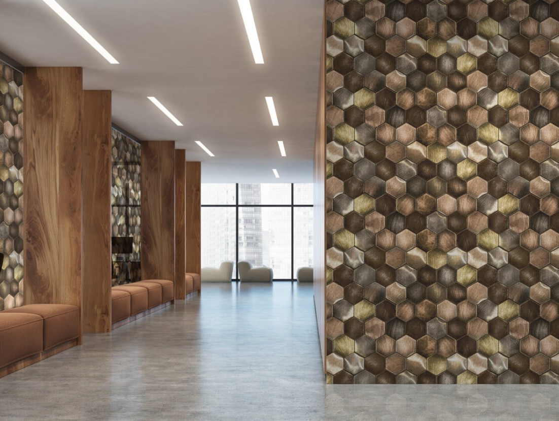 Metallic hexagonal textured 3D wallfinish in a modern hotel corridor and hallway