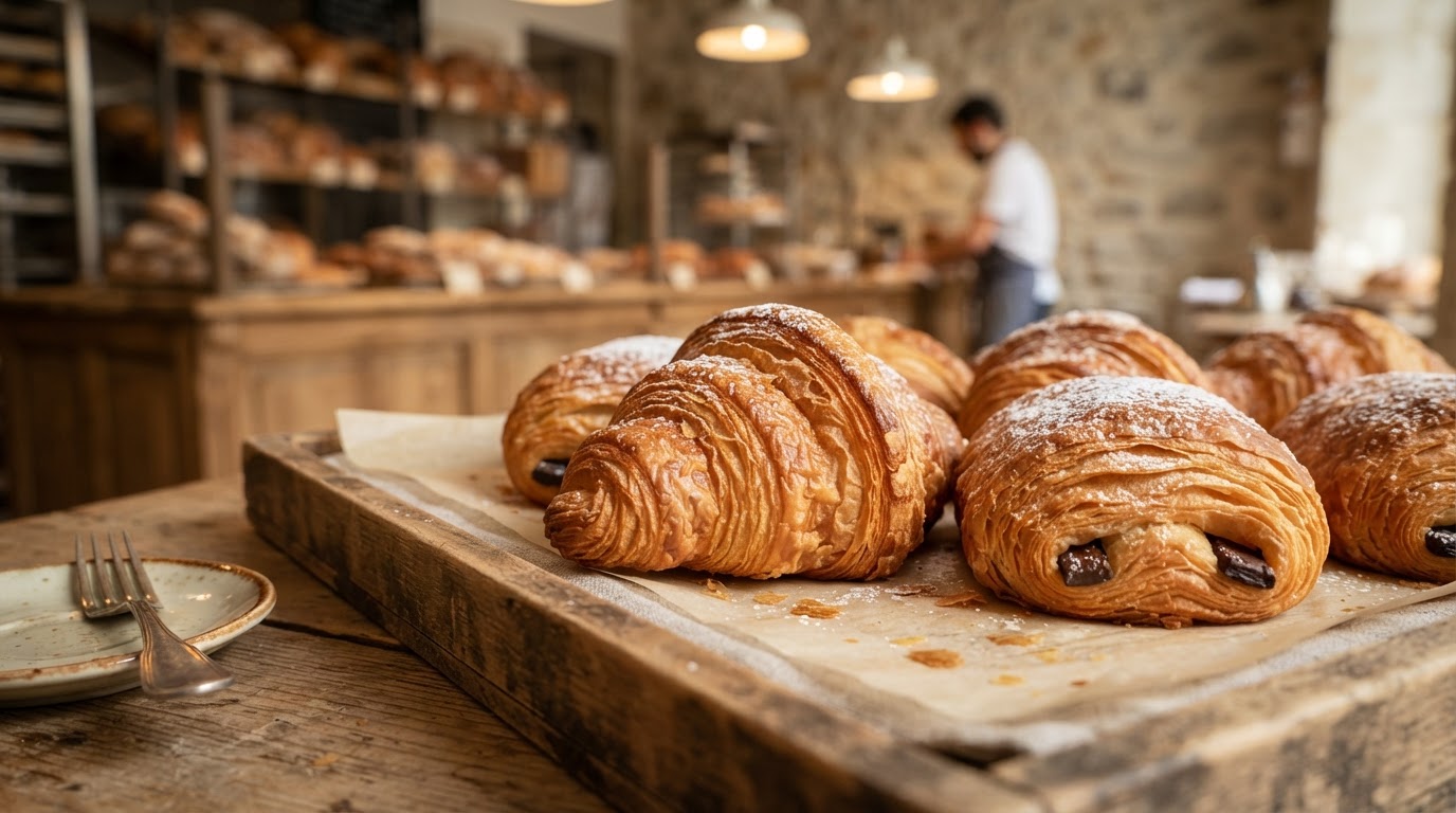 Golden flaky artisan French croissants dusted with sugar