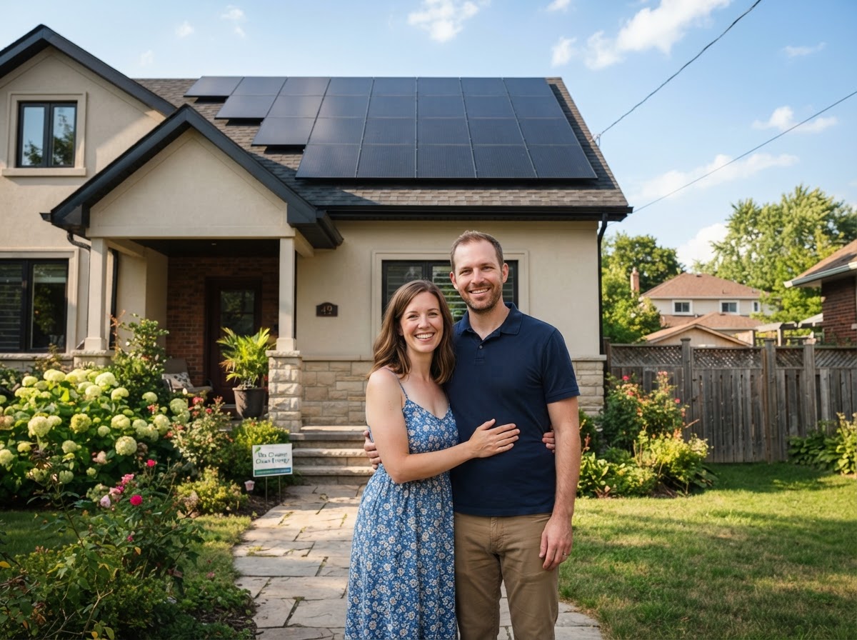Happy homeowner with newly installed solar panels