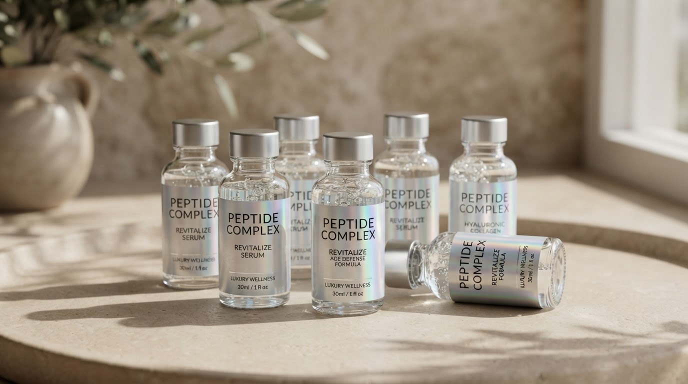 Multiple BioAura peptide vials on warm porcelain stone